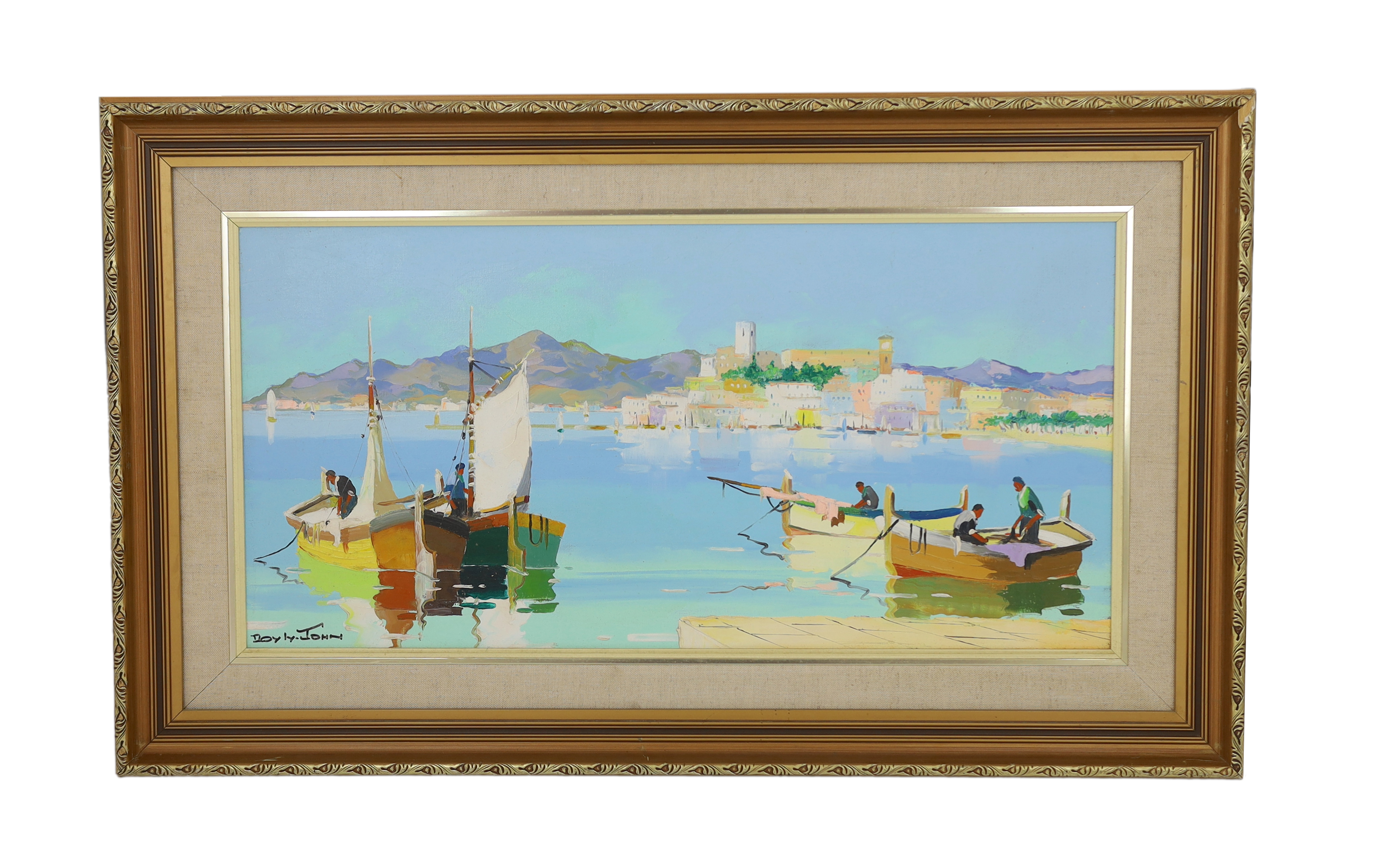 Cecil Rochfort D'Oyly-John (English, 1906-1993), Fishing boats along the Mediterranean coast, oil on board, 33 x 69cm